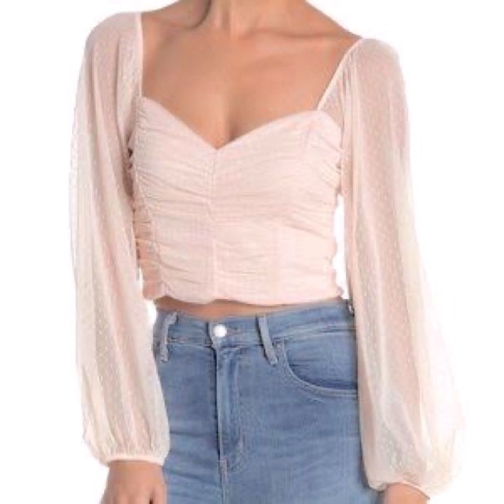 XS Extra Small Socialite Pink Polka Dot Puff Sleeved mesh ruched crop top nwot!